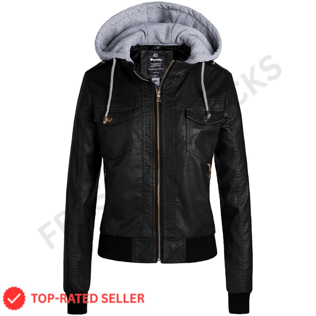 Lightweight Pu Leather Jacket Motorcycle Biker Coat Removable Hood Slim Fit